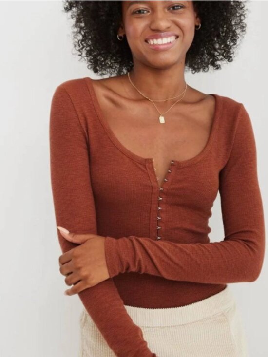 aerie Tops - aerie Small Ribbed Long Sleeve Bodysuit Rust Chocolte Brown Long Sleeve Hook